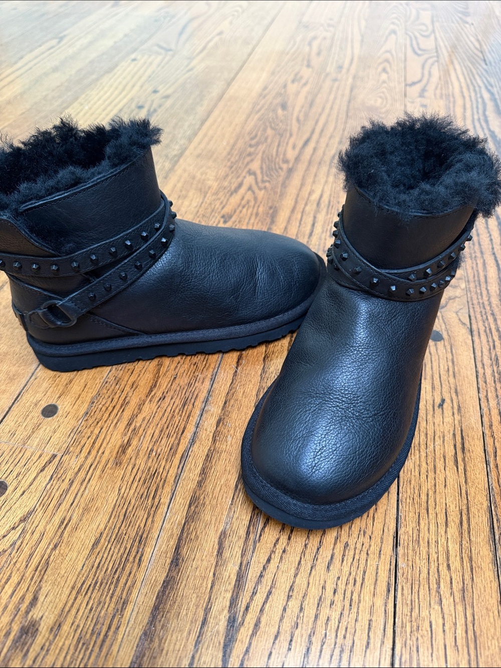 UGG sz 5 Black on black Classic Mini Emersen studded moto style sheepskin boots